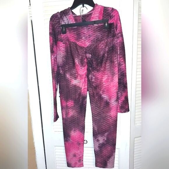Women's Honeycomb Bubble Texture Tie Dye Butt Lift Activewear Sweatsuit Hooded L - Picture 4 of 10
